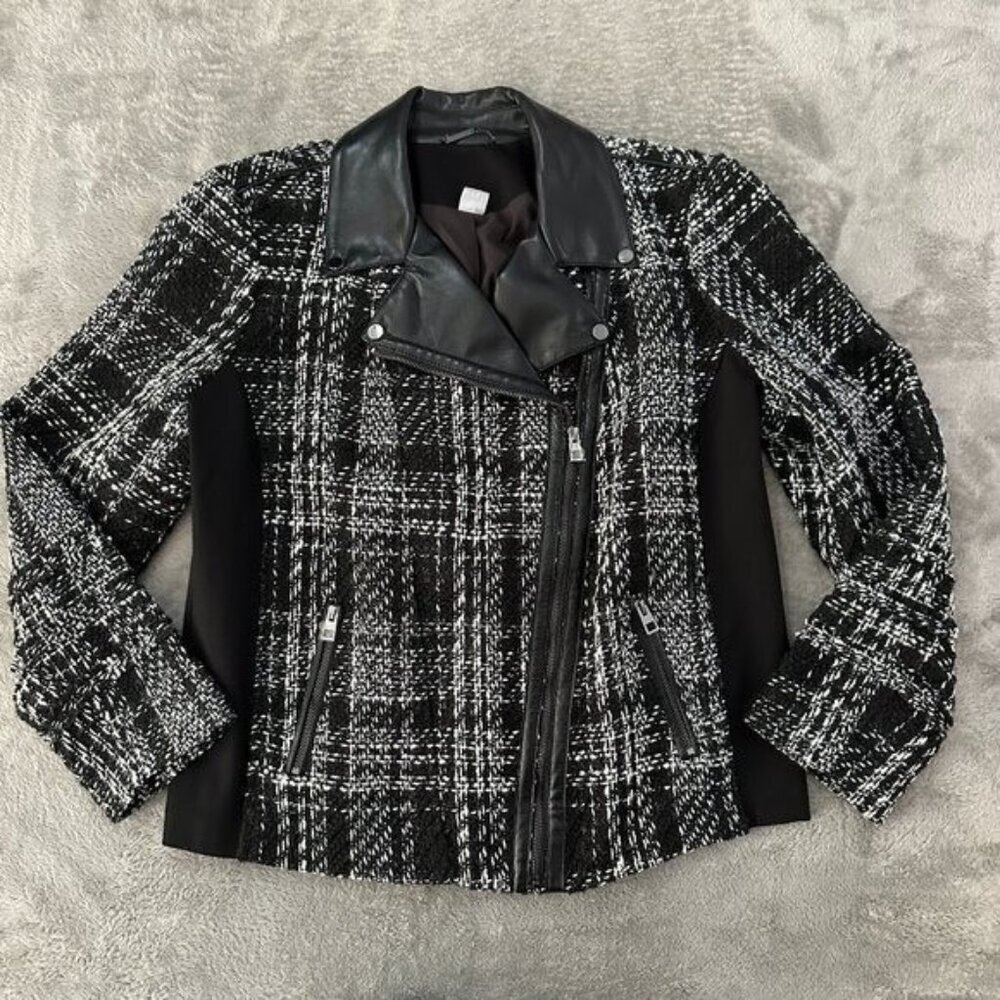 Chico's Black Plaid Tweed Faux Leather Moto Jacket Women's 2 Large 12/14